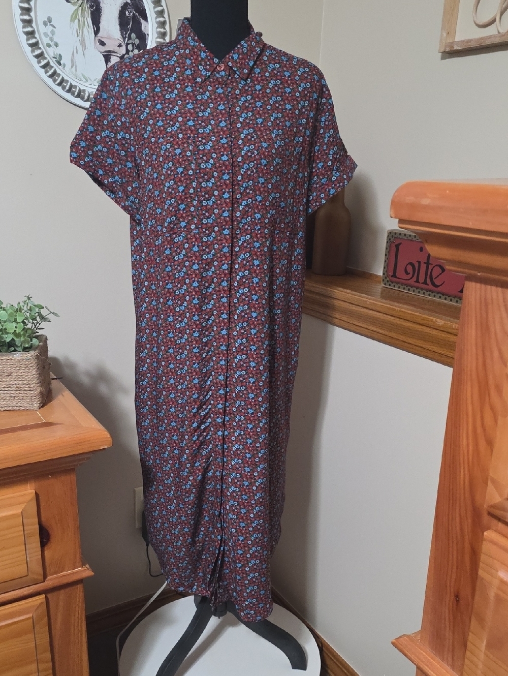 Wildfang Brown Maxi Shirt Dress with Blue Floral Print